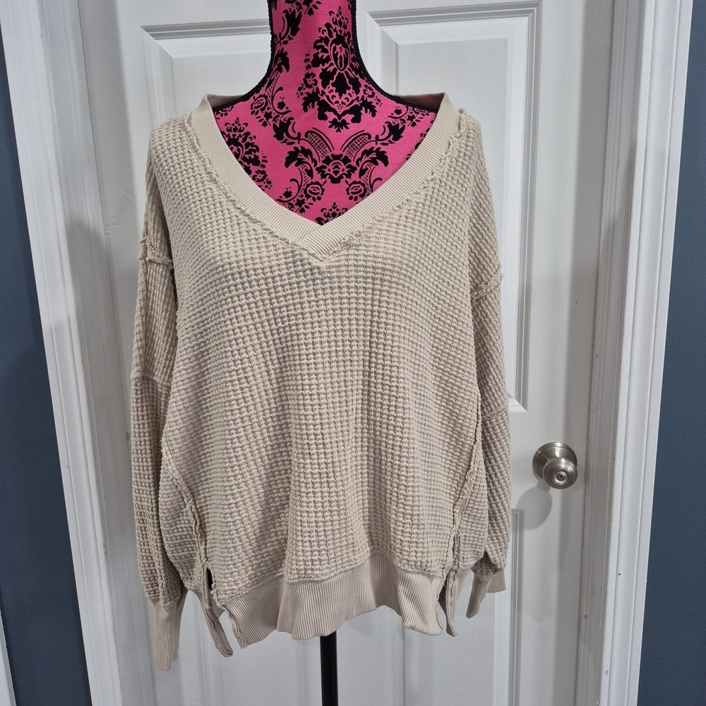 American Eagle Top Womens Small Beige Oversized Waffle Knit Seriously Lived‎ In